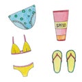 Watercolor set with beach stuff, cream, swimsuit, flip flops, nautical theme