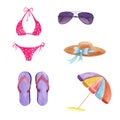 watercolor set of  beachwear and accessories Royalty Free Stock Photo