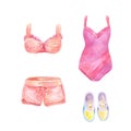 Watercolor set of beachwear, women`s clothes