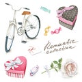 Watercolor set with bicycle, boxes, sweets and rose Royalty Free Stock Photo