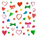 Watercolor set for birthday and holiday. Hearts, bow, stars for a party background