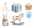 Watercolor set with birthday present box, balloon, cupcake and toys Royalty Free Stock Photo