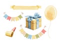 Watercolor set with birthday present box, balloon, whistle and festive banners