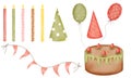 Watercolor set for birthdays and holidays isolate on a white background. Hats and candles, garlands of flags and Royalty Free Stock Photo