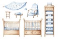 Watercolor set of blue baby furniture in a Scandinavian style, featuring natural materials and minimalism.