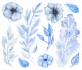 Watercolor set of blue flowers and twigs