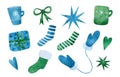 Watercolor set of blue and green christmas socks, mugs, gifts, bows, hearts, stars and mittens