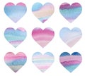 Watercolor set of blue and pink gradient hearts. Valentine's day decoration. Hand-drawn illustration of rainbow hearts. Royalty Free Stock Photo