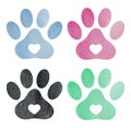 Set of blue, pink, green and black watercolor animal footprints in heart shape. Watercolor pets footprint. Paw footprint