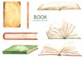 Watercolor set with books, open and closed books for reading. Education, knowledge for cards, invitations Royalty Free Stock Photo