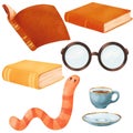 watercolor set. a bookworm, glasses, books, and a cup of tea or coffee. cartoon style, for book-related designs, reading Royalty Free Stock Photo