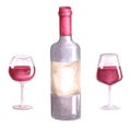 Watercolor set of bottle and glasses of different shapes with red grape wine. Royalty Free Stock Photo