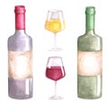 Watercolor set of  bottles and glasses of different shapes with white and red grape wine. Royalty Free Stock Photo