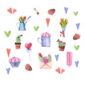 watercolor set with bouquets of tulips and romantic cacti for valentine's day design, cacti, cupcakes, pink lollipop