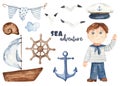Watercolor set with boy sailor, boat, captain`s hat, anchor, helm, seagulls