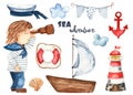 Watercolor set with boy sailor with spyglass, ship, anchor, lighthouse, life buoy, clouds