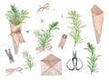 Watercolor set: branches rosemary flowers rustic bouquet, hand tools, craft packaging, rope, craft stickers.