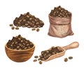 Watercolor set brown roasted coffee beans in burlap sack, with scoop with grains in bag and bowl. Hand-drawn Royalty Free Stock Photo