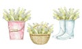Watercolor set with bucket, wicker basket and gumboots with bouquet with may-lily
