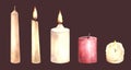 Watercolor burning and extinguished white end red wax candles. Hand drawn illustration isolated Royalty Free Stock Photo