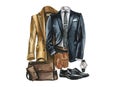 Watercolor Set of business casual clothes, shoes and bag for man. Corporate outfit illustration. Royalty Free Stock Photo