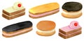 Watercolor set of cakes. Hand painted fruit cream biscuit, eclair with chocolate glaze, honey dessert. Sweet food