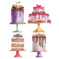 Watercolor set of cakes. Illustration on white background.