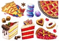 Watercolor set of cakes, sweet pastries.