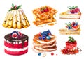 Watercolor set of cakes, sweet pastries.
