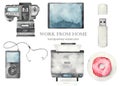 Watercolor set with a camera, audio player, printer, flash drive, player, donut Royalty Free Stock Photo