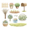 Watercolor set with cartoon floral bouquets, fence, mailbox and plants