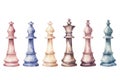 Ai generated watercolor set of chess pieces, king, queen, bishop, pawn, check and checkmate, composition, isolated on white.