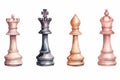 Ai generated watercolor set of chess pieces, king, queen, bishop, pawn, check and checkmate, composition, isolated on white.