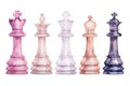 Ai generated watercolor set of chess pieces, king, queen, bishop, pawn, check and checkmate, composition, isolated on white.