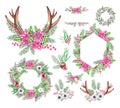 Watercolor set of Christmas bouquets, frames, wreaths, horns