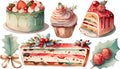 Watercolor set of Christmas cakes and cupcakes. Hand drawn illustration