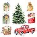 Watercolor set of Christmas elements. Red truck, bag of gifts, Christmas tree, gift boxes Royalty Free Stock Photo