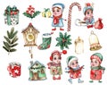 Watercolor set of Christmas gnomes with presents