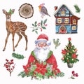 Watercolor set of Christmas illustrations, Santa Claus, baby deer, holiday fir tree, winter cottage, robin bird, seasonal greenery