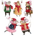 Watercolor set of Christmas mice dressed in winter clothes.