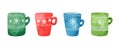 Watercolor set of Christmas multicolored mugs with various cute designs