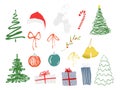 Watercolor set of Christmas simple symbols-trees, gift boxes, balls and bells. Hand painted holiday abstract elements