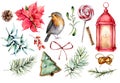 Watercolor set with Christmas symbols. Hand painted winter plants, bullfinch bird, decor isolated on white background