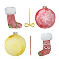 Watercolor set of christmas tree decorations balls and stockings Royalty Free Stock Photo