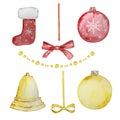 Watercolor set of Christmas tree decorations and stockings Royalty Free Stock Photo