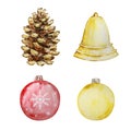 Watercolor set of christmas tree decorations Royalty Free Stock Photo
