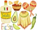 Watercolor set for the Cinco de Mayo, tequila, snack, maracas, avocado, text, pepper isolated on a white background.