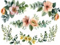 Watercolor set clip art , vibrant colors meadow flowers ,wreath, frame. Perfect wedding stationary, greetings, white background,