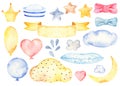 Watercolor set clipart with bows, crown, pillow, clouds, month, splashes