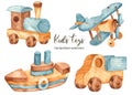 Watercolor set clipart with children wooden toys transport Royalty Free Stock Photo